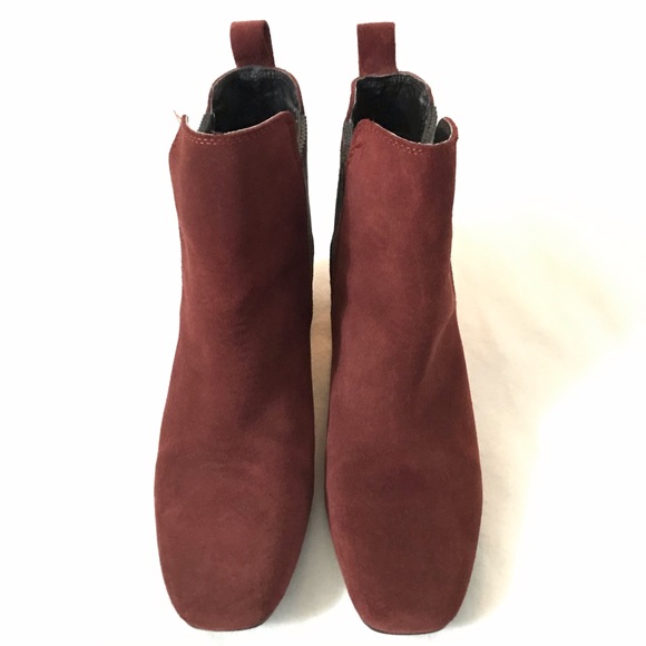 Zara Basic Burgundy Suede Chunky Heel Pull On Booties Square Toe Size 6.5 - Picture 5 of 8
